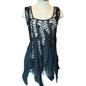 Rima Black Crochet Boho Beach Cover Up Tunic L XL Artsy Festival Top NEW